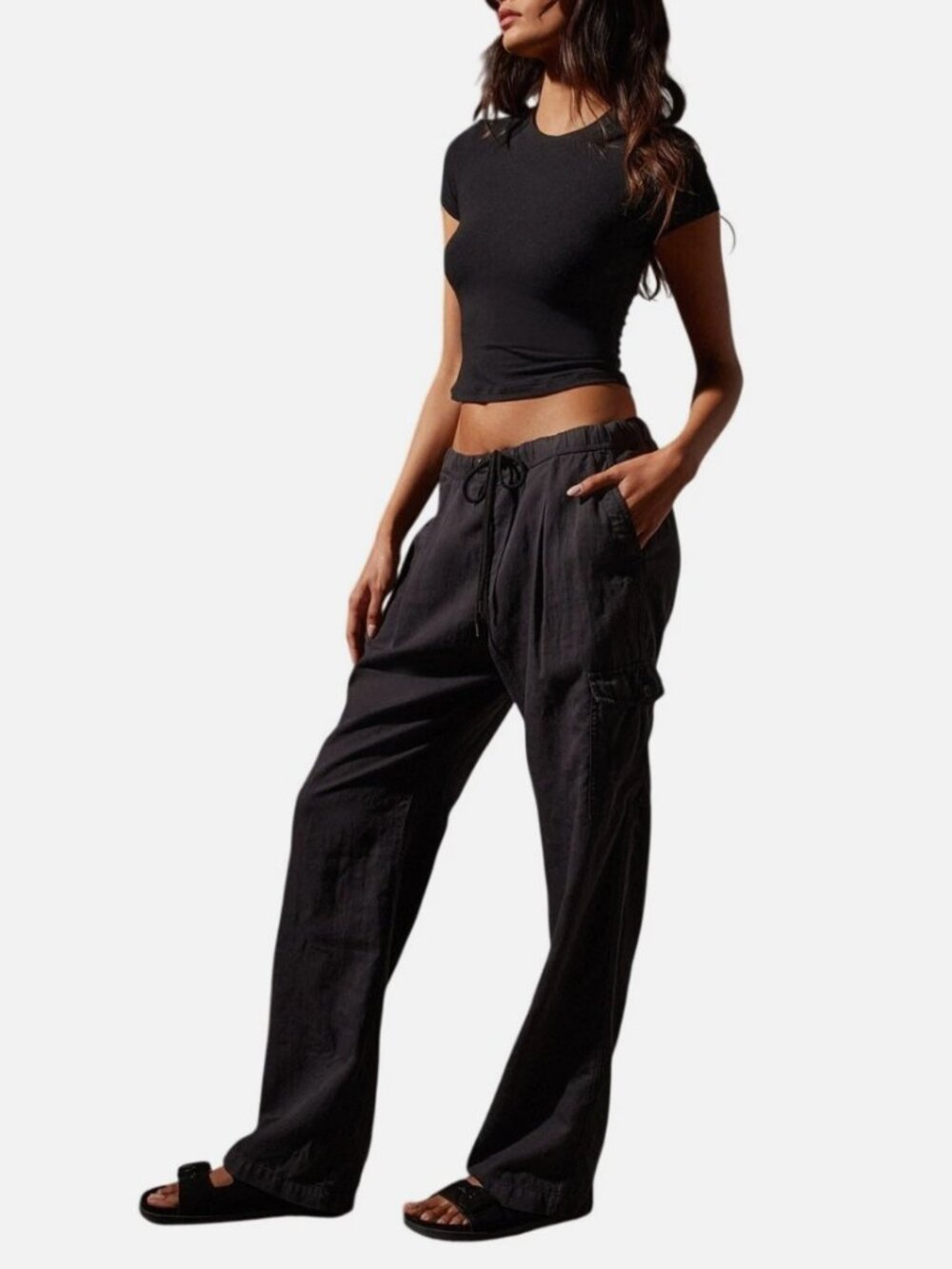 James Perse Relaxed Black Cotton Linen Cargo Pull On Pants Size 3